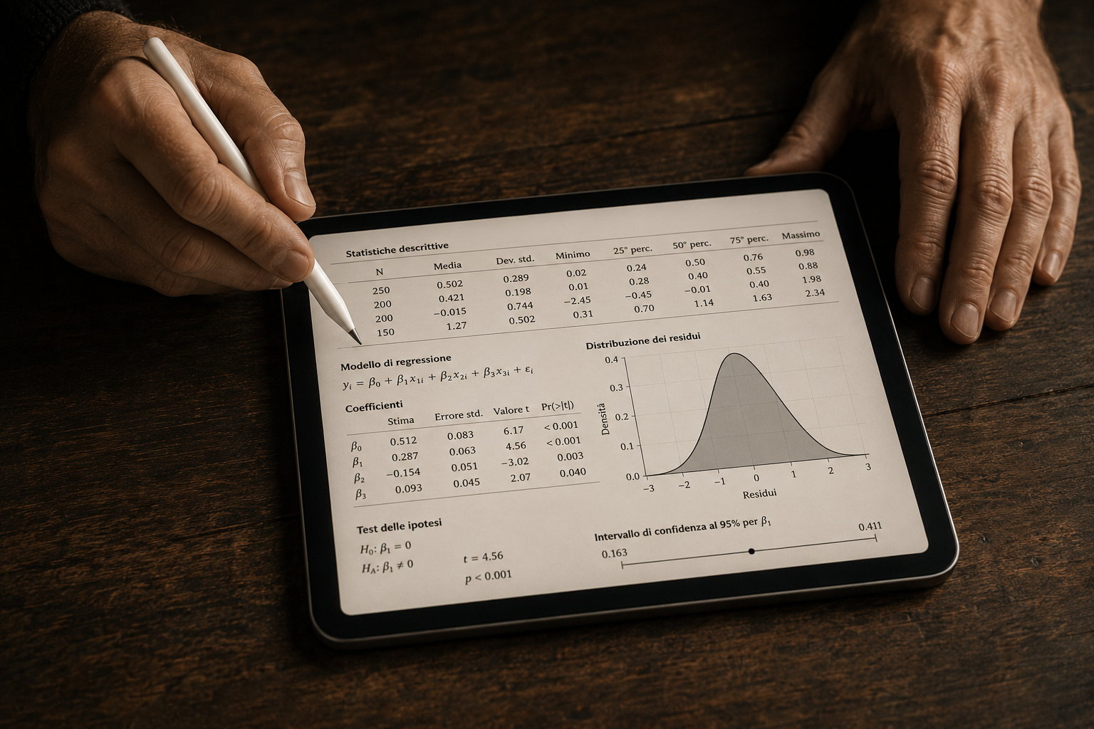 Analisi statistica su tavolo: statistiche descrittive, modello, distribuzione dei residui